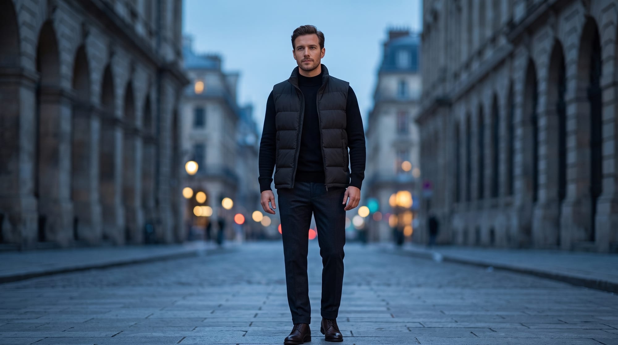 Homme portant le gilet matelassé noir GlimLine sur un pull col montant